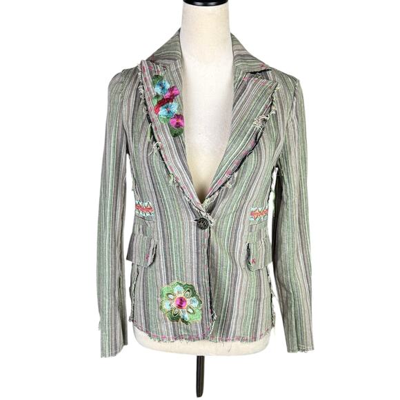 Aziz Green & Gray Stripe Distressed Edge Embroidered Flower Cotton Blazer Jacket - Picture 1 of 9